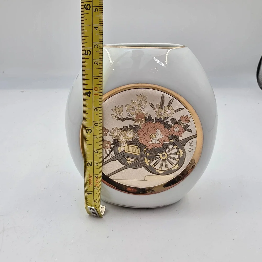 Art of Chokin Japanese Vase 24K Gold Silver Gilded Flower Cart Ceramic 5in N4